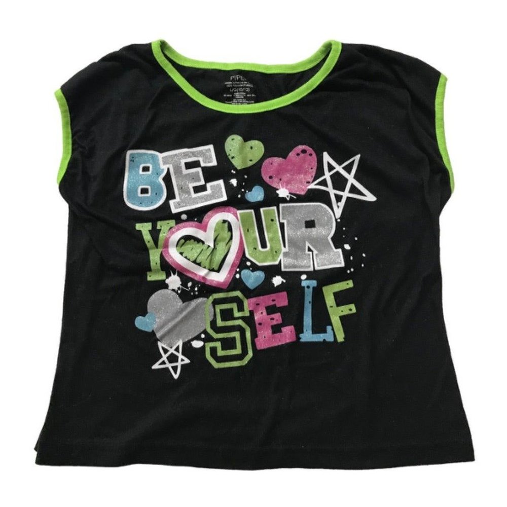 Large (10/12) Piper Girls Black Crop Tshirt "Be Yourself" Short Sleeve